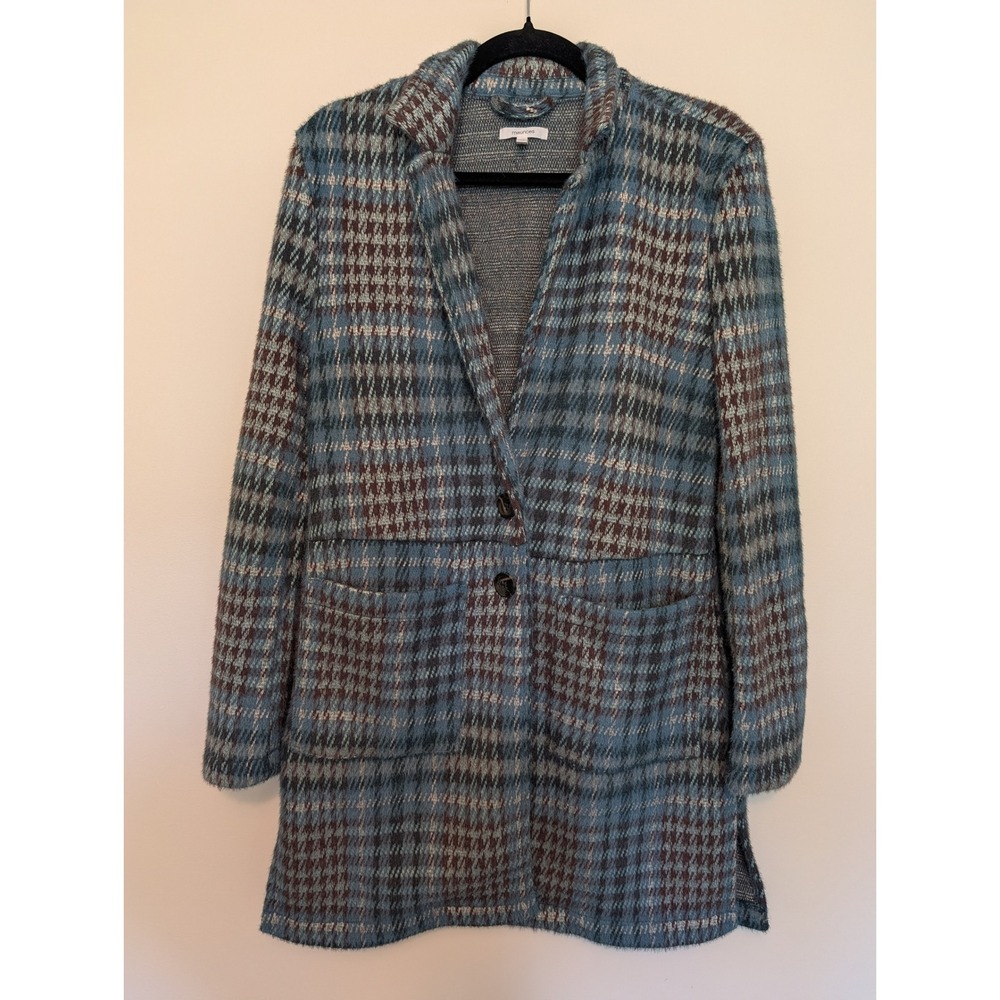 Maurices Eyelash Knit Plaid Button Coatigan Cardigan Jacket Teal Brown Womens XS